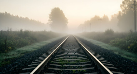 Railroad Tracks Disappearing Into Misty Morning Landscape Scenery Background