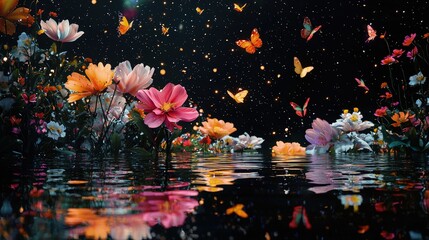 Vibrant flowers and butterflies reflected in still water at night.