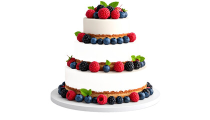 Three Tiered Cake Decorated With Mixed Berries White Frosting Layers Isolated Transparent Background