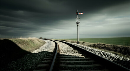Railroad Tracks Journeying Through Fields Under Dramatic Sky Setting Landscape