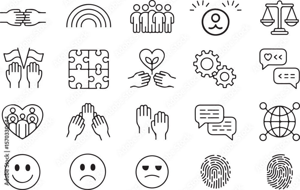 Poster diversity and inclusion line icon set. vector pictograms of unity, equality, multicultural collabora