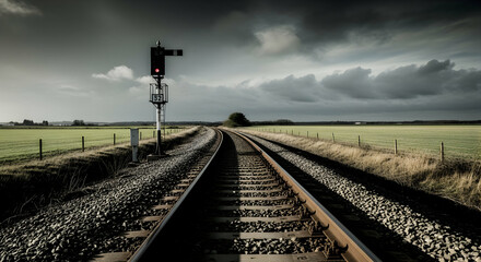 Railroad Tracks Under A Dramatic Sky Leading Towards The Horizon On A Moody Day