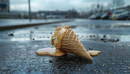 Waffle cone with vanilla ice cream melting falling on road after rainy day
