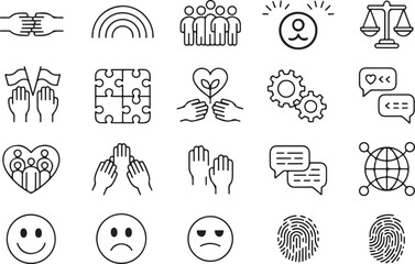 Diversity and inclusion line icon set. Vector pictograms of unity, equality, multicultural collaboration, raised fists, interconnected hands
Keywords: