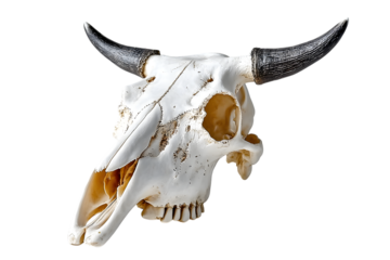 A striking portrait of a detailed bull skull with curved horns set against a stark transparent background, showcasing intricate bone structure.