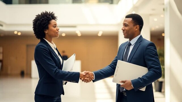 Business Handshake: African American Professionals Meeting in Modern Office Lobby