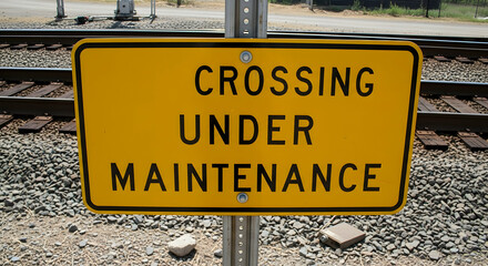 Railway Crossing Under Maintenance Caution Sign on the Tracks Background