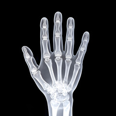 Naklejka premium Radiographic hand reveals bone structure against a transparent background, medical imaging providing a clear view of skeletal anatomy.