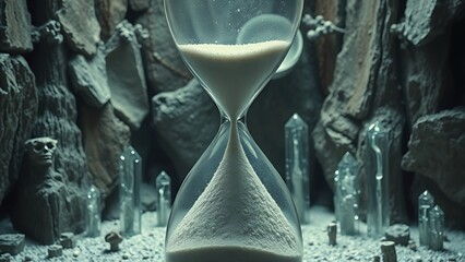 Surreal hourglass with toxic crystal formations in the upper chamber.