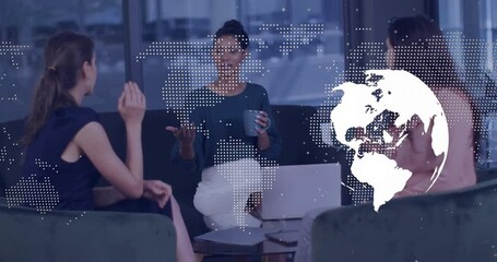 Central woman speaking triggers team sitting at table with globe overlay planning business strategy - Powered by Adobe