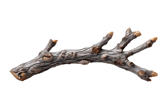 Isolated twig shows intricate bark texture and budding tips against a solid transparent background, perfect for design elements.
