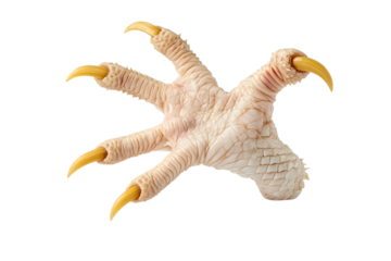 Isolated chicken foot with sharp claws displays texture and detail against a stark transparent background, perfect for horror or culinary themes.