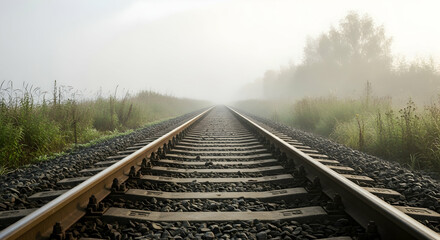 Railway Tracks Disappearing Into Fog In Rural Setting Leading Into Horizon