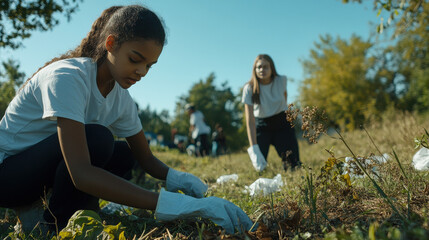 Teens involved in a volunteer project at a youth center, helping clean up a local park, promoting civic engagement and social responsibility. —ar 16:9 