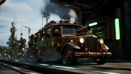 A retro-futuristic steampunk vehicle with brass details and glowing lights travels down a road in a vast industrial city - Powered by Adobe