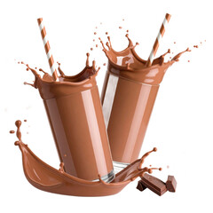 Two Glasses Of Chocolate Milk With Straws And Splash Isolated Transparent Background