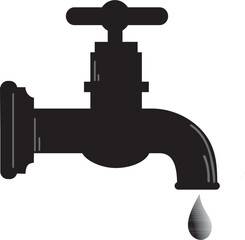 Illustration of a black water faucet with a single dripping water drop. Simple and clean silhouette design environmental awareness concepts
