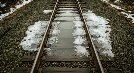 Railway Tracks Partially Covered With Melting Snow in Early Spring Season