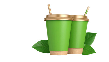 Two Green Cups With Golden Lids And Straws Beside Fresh Green Leaves Isolated Transparent Background