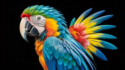 Obraz premium Blue parrot close up with colorful feathers and black background 
