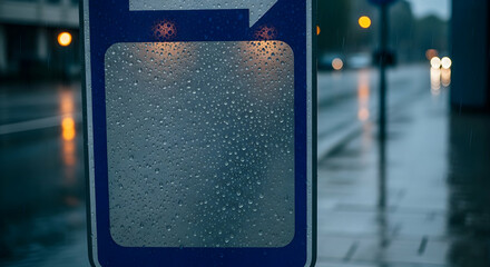 Rainy Cityscape Reflecting on a Water Droplet Covered Sign With an Arrow