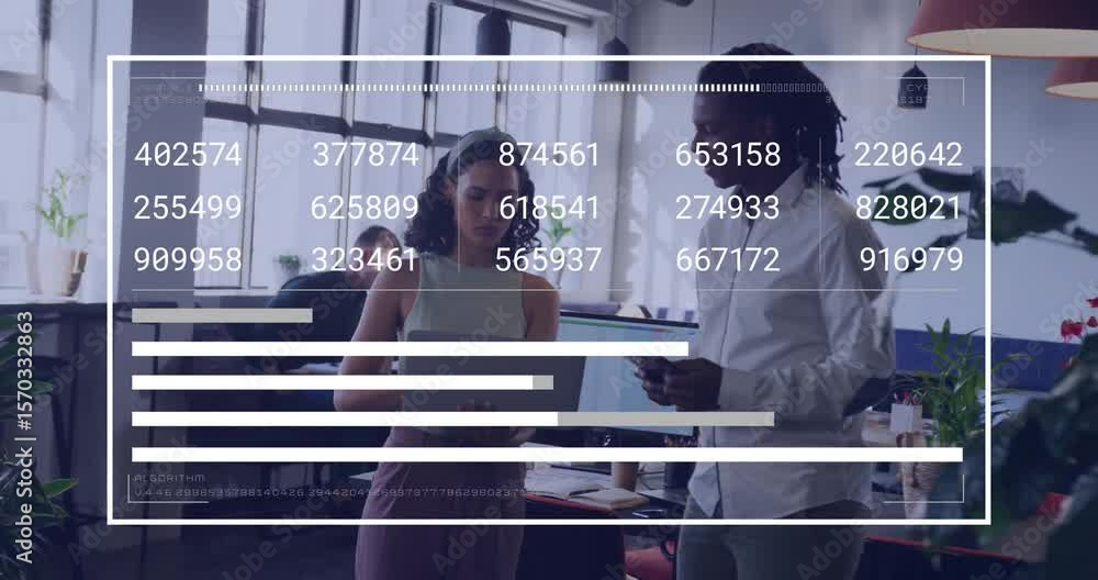 Poster two colleagues activating overlay showing bars loading retracting updating business data in office