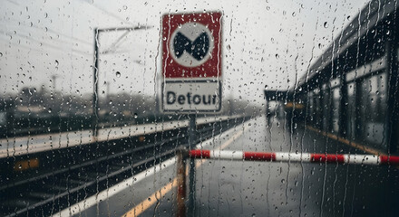 Rainy Day Reflection On Detour Sign At Empty Railroad Station Platform