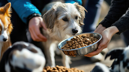 Volunteers accepting pet food donations at an animal shelter, helping to care for homeless animals in the community. —ar 16:9 