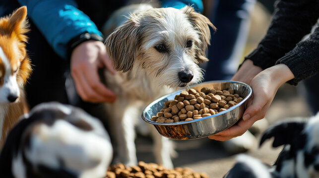 Volunteers accepting pet food donations at an animal shelter, helping to care for homeless animals in the community. —ar 16:9 