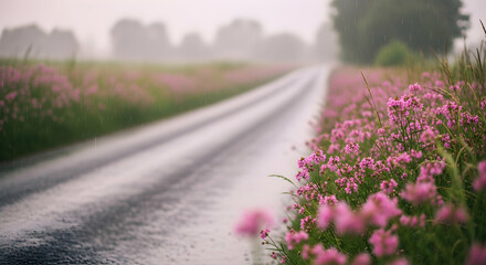 Rainy Day Scene On A Country Road With Pink Flowers In Bloom