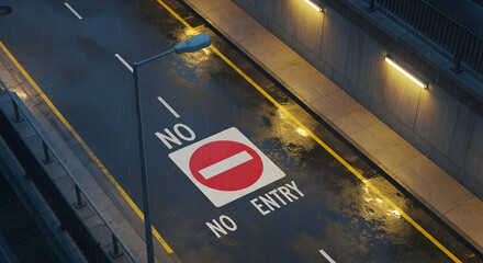 Rainy Night Street Scene With No Entry Sign And Wet Asphalt Road