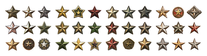 Obraz premium Vintage Military Medal Collection with Diverse Star Designs and Colors, PNG bundle collection, Isolated on Transparent Background