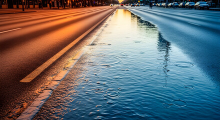 Rainy Reflections On The Street During Sunset After Rain With Vehicle Traffic