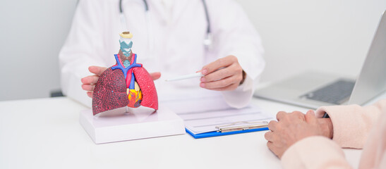 Doctor with Respiratory system. Elderly Patient consultation medical health for Lung Cancer, Asthma, Chronic Obstructive Pulmonary, Bronchitis, Emphysema, Cystic Fibrosis, Bronchiectasis, Pneumonia