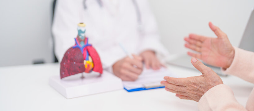 Doctor with Respiratory system. Elderly Patient consultation medical health for Lung Cancer, Asthma, Chronic Obstructive Pulmonary, Bronchitis, Emphysema, Cystic Fibrosis, Bronchiectasis, Pneumonia