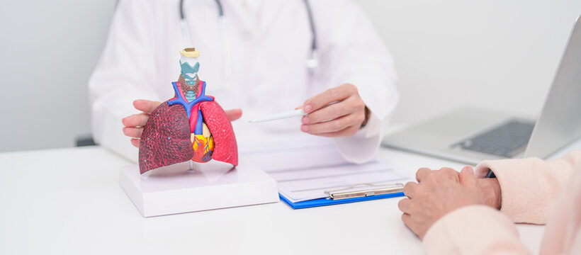 Doctor with Respiratory system. Elderly Patient consultation medical health for Lung Cancer, Asthma, Chronic Obstructive Pulmonary, Bronchitis, Emphysema, Cystic Fibrosis, Bronchiectasis, Pneumonia