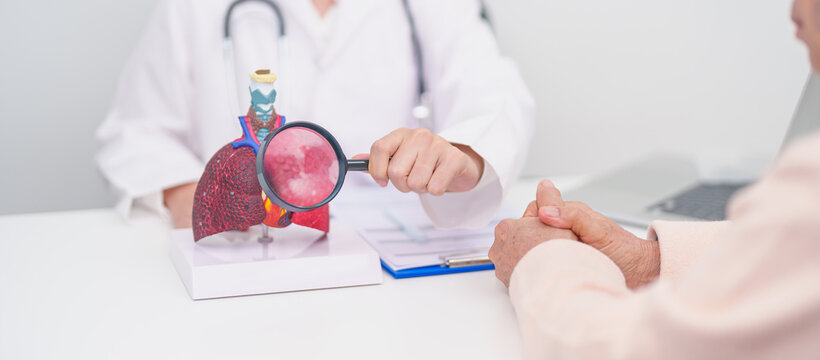 Doctor with Respiratory system. Elderly Patient consultation medical health for Lung Cancer, Asthma, Chronic Obstructive Pulmonary, Bronchitis, Emphysema, Cystic Fibrosis, Bronchiectasis, Pneumonia