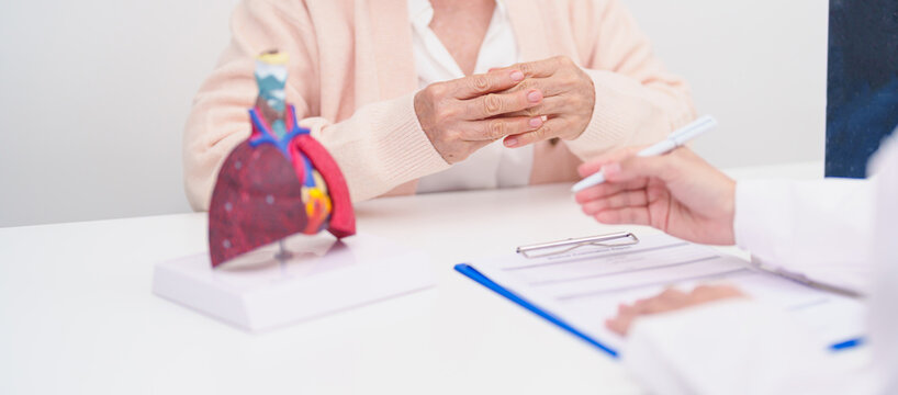 Doctor with Respiratory system. Elderly Patient consultation medical health for Lung Cancer, Asthma, Chronic Obstructive Pulmonary, Bronchitis, Emphysema, Cystic Fibrosis, Bronchiectasis, Pneumonia