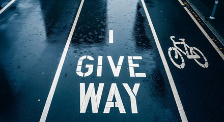 Rainy Urban Scene With Cycle Lane And Give Way Markings On Wet Asphalt