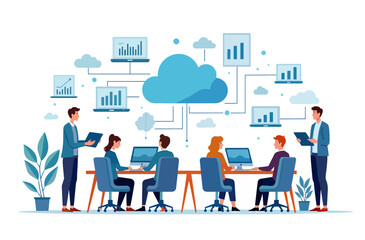 Flat Design Team Collaboration on Cloud Computing – Minimalist Office with Digital Devices & Data Flow (Modern Vector Illustration)