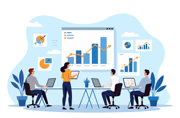 Flat Design Team Collaboration on Cloud Computing – Minimalist Office with Digital Devices & Data Flow (Modern Vector Illustration)