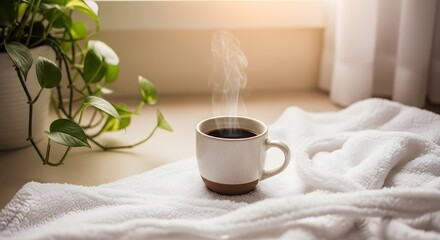 Steaming coffee cup on a white towel near a window with a plant lit by warm sunlight, creating a cozy and relaxing morning scene.