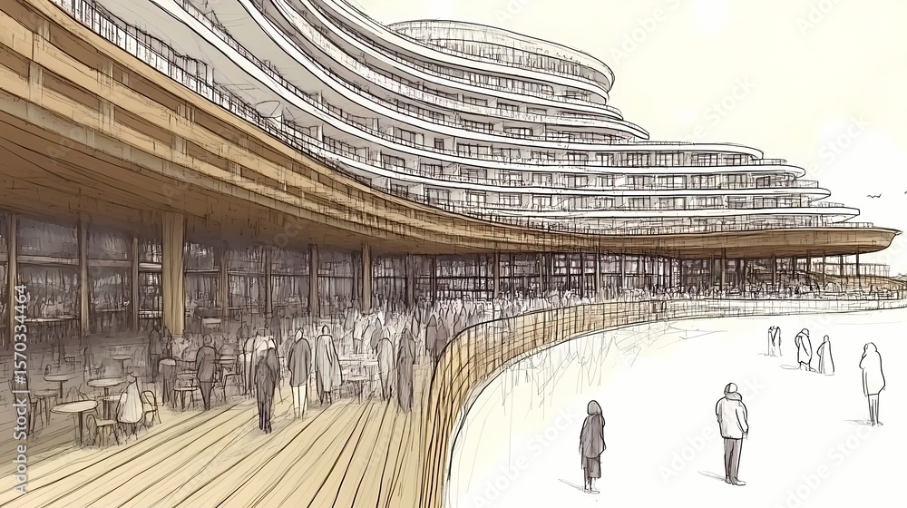 Poster architectural rendering of a curved building complex with an outdoor seating area.