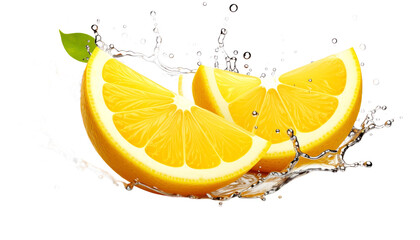 Vibrant Orange Slices with Water Splash and Green Leaf Detail on Transparent Background