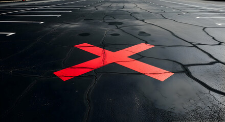 Red Cross Marking On Cracked Asphalt In Parking Lot For Spatial Distance