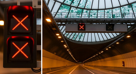 Red Cross Signals Conveying Road Closure Inside a Long Tunnel Entrance