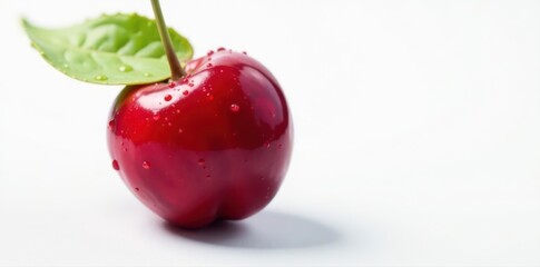 Single ripe cherry, glistening with water droplets, isolated on white , juicy, glossy, wet