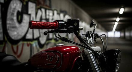 Red Motorcycle Classic Detail Parked in the Dark Tunnel Illuminated by Lights