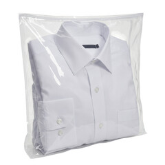 Crisp white dress shirt folded and packaged in a clear plastic bag isolated on transparent background