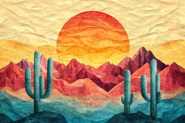 Cactus plants growing in desert landscape at sunset depicted crumpled paper art depicting